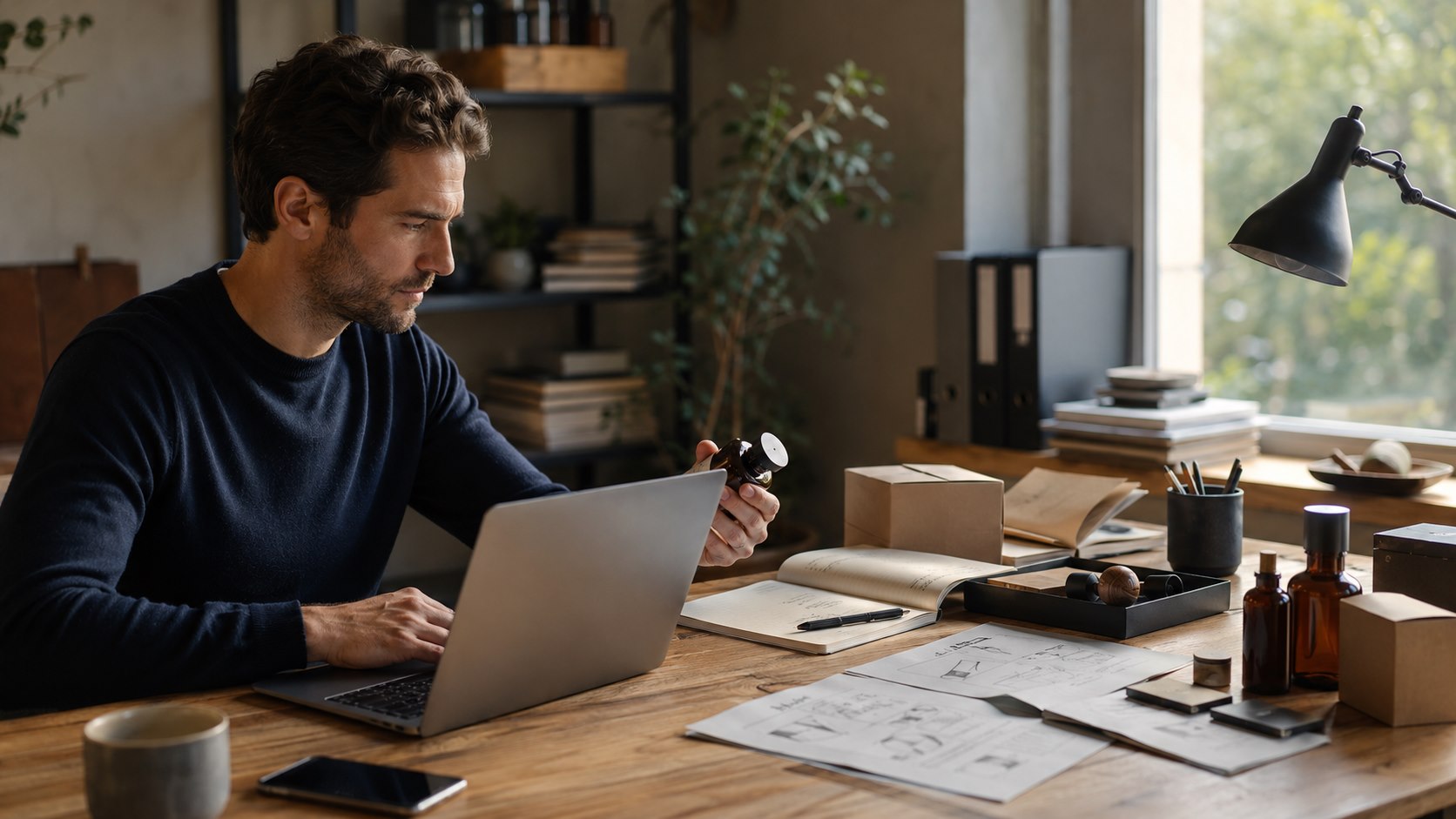 Editorial photograph of an entrepreneur developing products and growing a business from a studio.