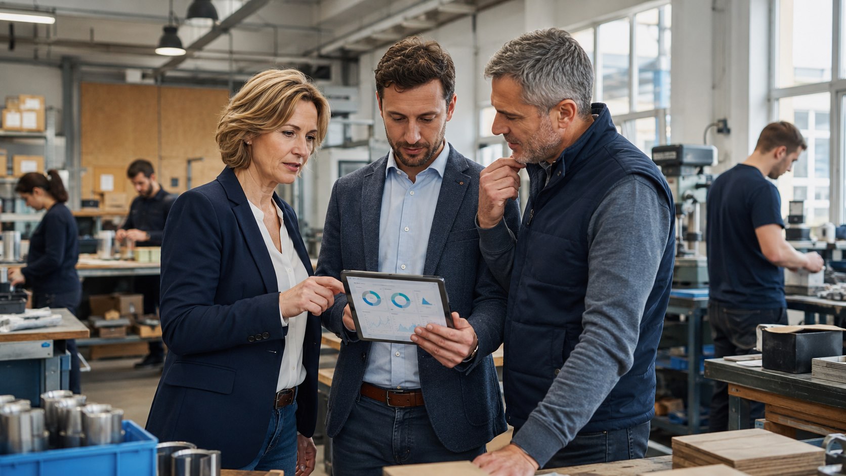 Editorial photograph of business leaders reviewing the performance of a European SME.