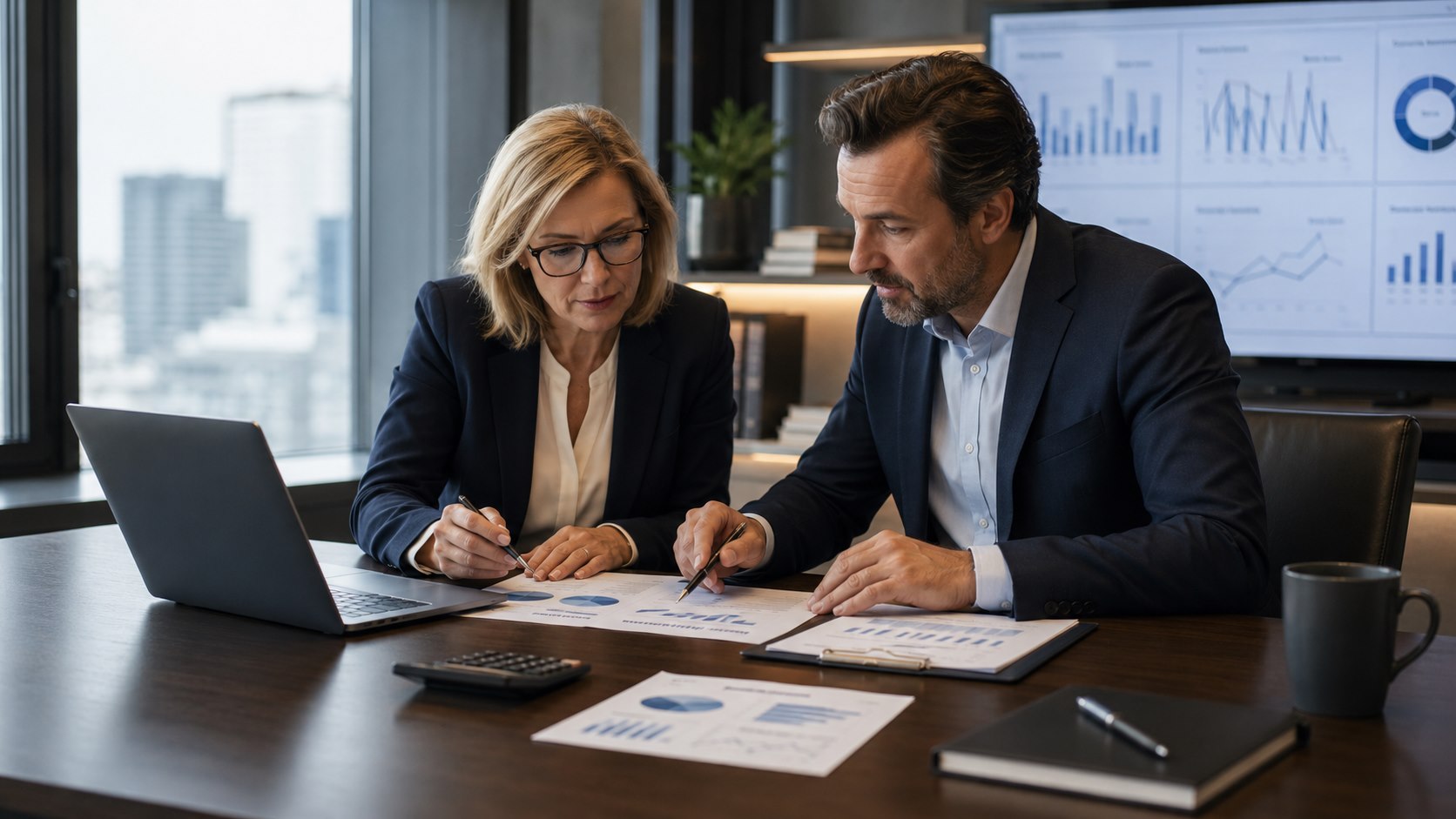 Editorial photograph of two consultants analysing the return on investment of a project.